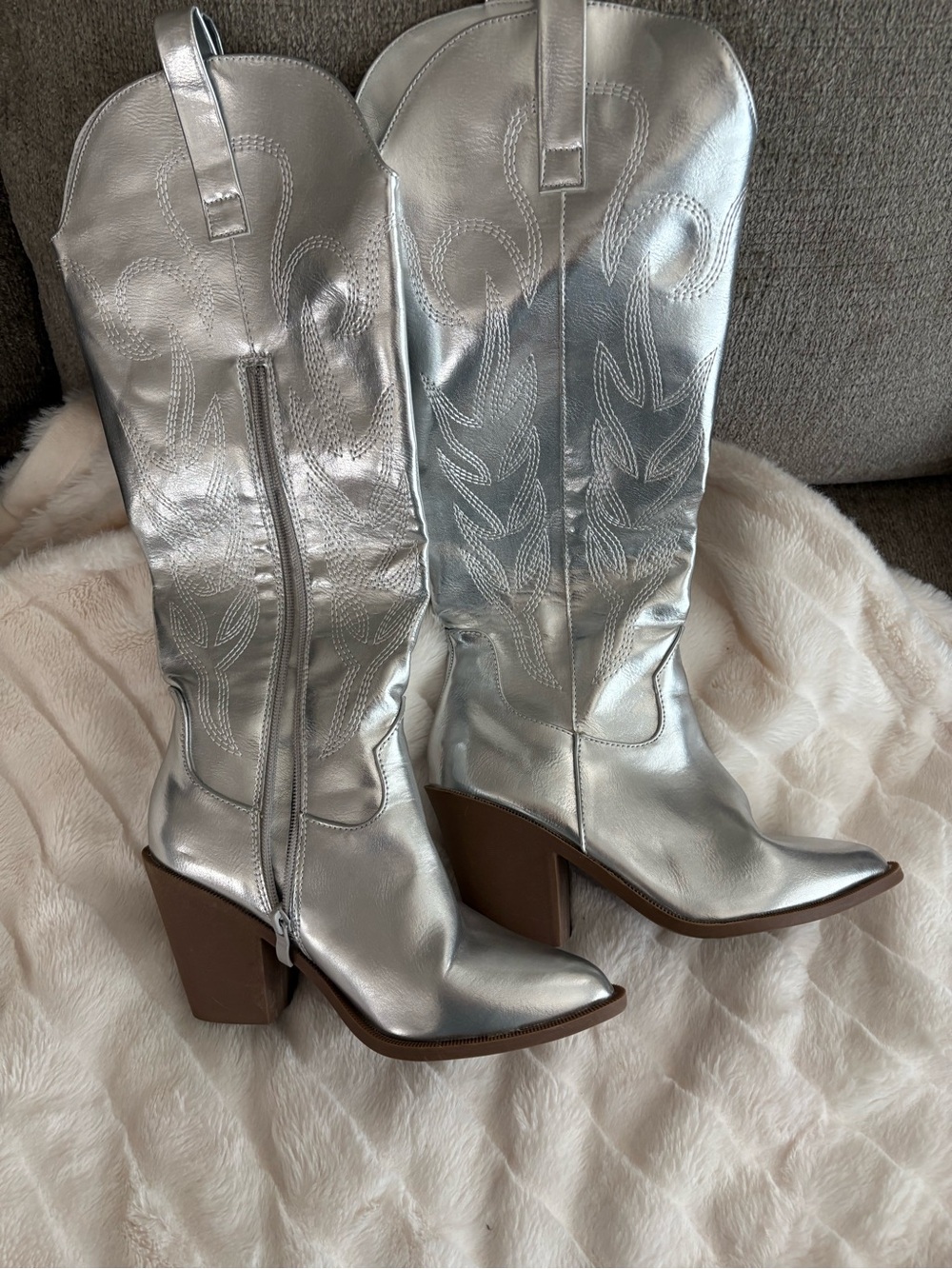Fashion Nova Silver Metallic Western Knee-High Heeled Boots